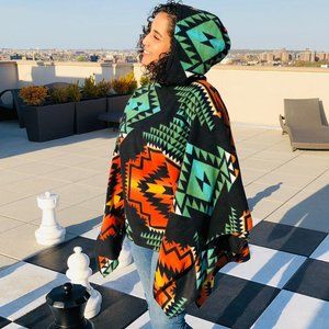 ZooFleece Black Southwestern Tribal Aztec Indian Hooded Women’s Poncho Cape